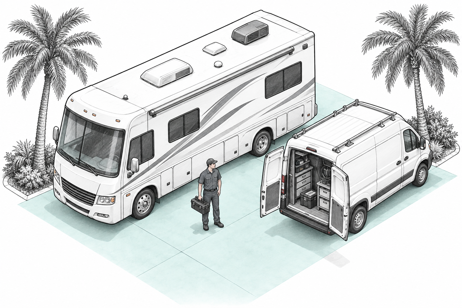 Certified RV technician performing mobile repair at a Titusville Florida campsite