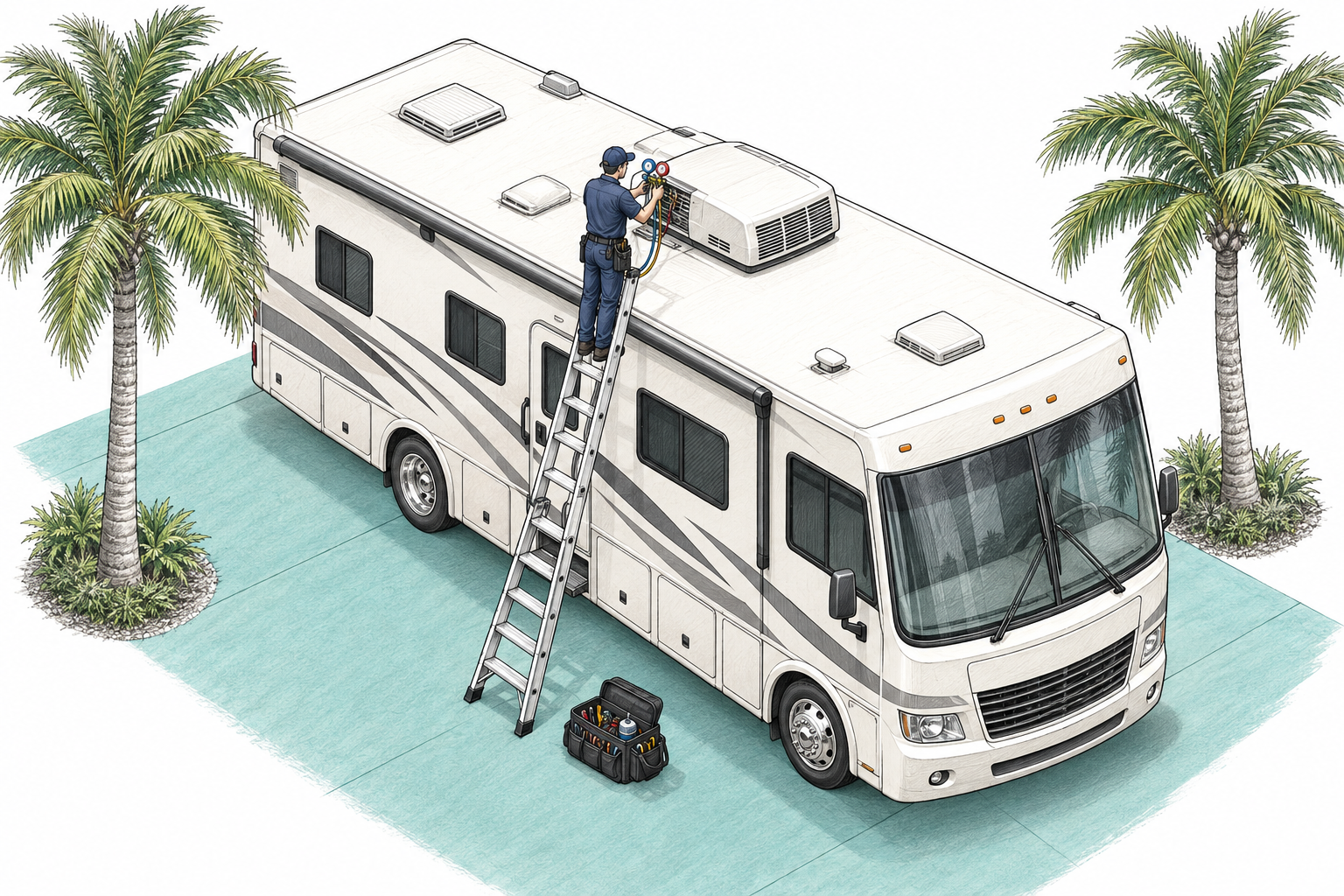 Mobile RV technician performing on-site repair at Titusville Florida campground